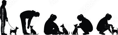 Silhouettes of people interacting with a small dog in various poses person interaction
