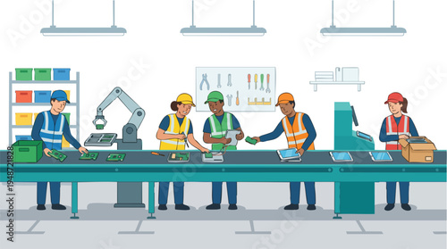 Illustration of workers in hard hats and safety vests working on a production line with industrial equipment and machinery in a factory setting with a clean and organized atmosphere.