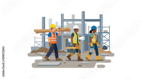 Illustration of three construction workers wearing safety gear walking on a building site with scaffolding