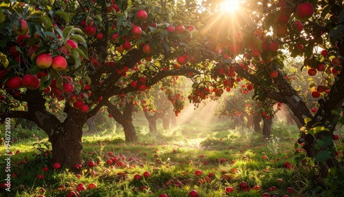 Sunlit Apple Orchard at Sunrise with Ripe Fruit and Misty Atmosphere.
