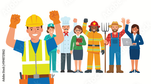 Illustration of diverse professionals with various occupations raising their hands in celebration on a white background with vibrant colors.