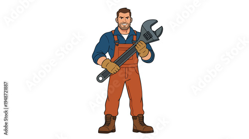 A cartoon man in orange overalls holding a large adjustable wrench on a white background.