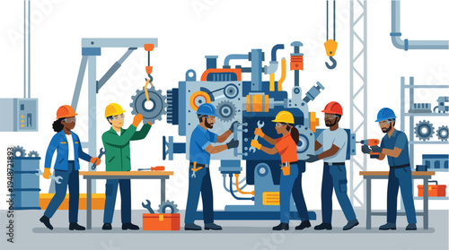 Illustration of a diverse group of industrial workers operating and maintaining a large machine in a factory setting with a mix of colorful hard hats and overalls.