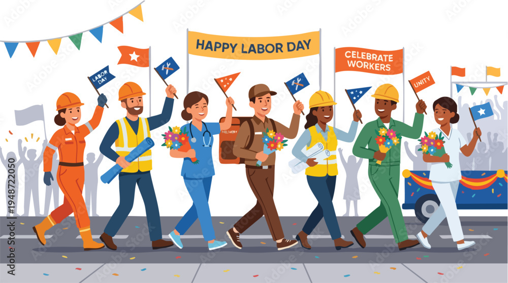 Obraz premium Illustration of diverse workers marching in a Labor Day parade with flags and banners on a city street