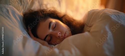 The woman sleeping peacefully in a cozy bed bathed in warm evening light