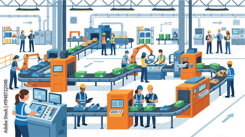 Industrial workers operating machinery on a production line in a modern factory with bright lighting and a busy atmosphere.