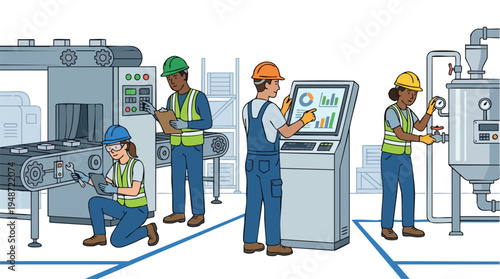 Illustration of industrial workers operating machinery and checking controls in a factory setting with a modern industrial mood.
