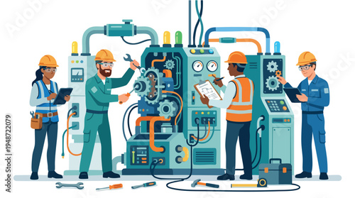 Four industrial workers in hard hats and safety gear interacting with large machinery and tools in a factory setting with a clean white background and a mix of blue, orange, and yellow hues.