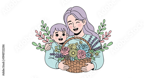 A cheerful woman and child holding a colorful flower basket with green leaves and vibrant blooms against a clean white background.