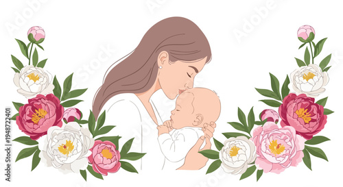 Illustration of a mother tenderly kissing her baby surrounded by vibrant flowers and green leaves on a clean white background.