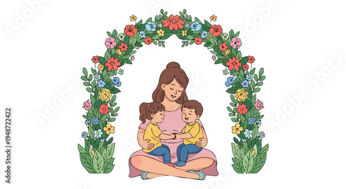 Illustration of a mother sitting cross-legged with two toddlers under a vibrant floral archway against a white background.