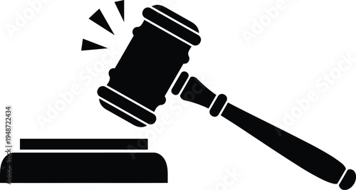 Silhouette illustration of judge’s gavel striking sound block with motion lines, symbolizing law, justice, courtroom authority, and legal decision making for design concepts