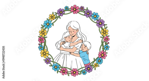 Illustration of a smiling elderly woman holding a baby surrounded by a colorful floral wreath with a child standing beside her.