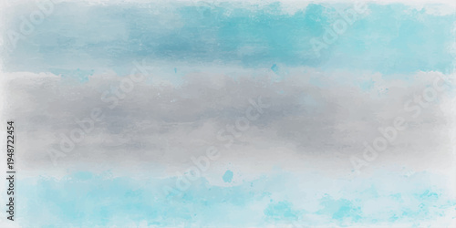 An abstract watercolor grunge background features a beautiful blue sky with white clouds and sunlight for a summer nature cloudscape