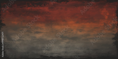 A dramatic sunset glows with orange and red light over a grunge paper background featuring old weathered textures and a beautiful abstract cloudscape at dusk