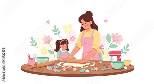 Illustration of a woman and a child baking together with kitchen utensils and colorful flowers around them on a wooden table.