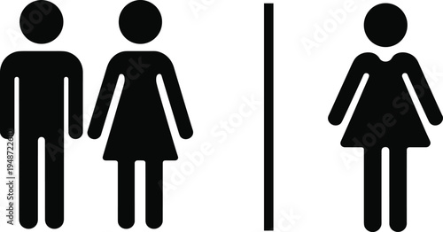 Black and white icons for male and female restroom signs with a divider Keywords: restroom, toilet, bathroom, sign, symbol, icon