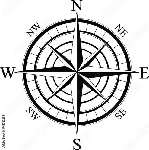 Black and white compass rose with cardinal and intercardinal directions Keywords: compass, direction, north, south, east, west