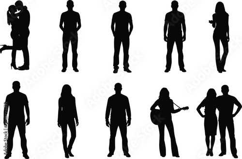 Silhouette illustration of men and women in diverse poses including couples, musicians, and casual stances symbolizing lifestyle, relationships, and social design projects