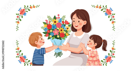 Illustration of a woman receiving a bouquet of flowers from two children with floral border