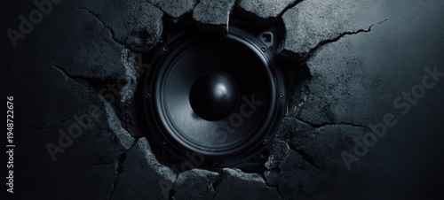The speaker bursting through cracked concrete with dramatic lighting and textured surface