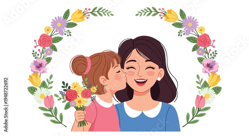 Illustration of a girl kissing a woman on the cheek with a bouquet of flowers and a floral wreath around them on a white background with colorful tones.
