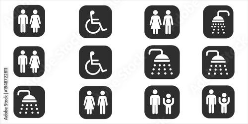 Grid of black icons for restrooms, disabled access, and showers on white background Keywords: icon, symbol, restroom, toilet, W