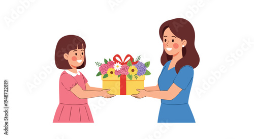 A young girl and a woman exchanging a gift box with flowers on a white background, conveying a joyful and celebratory mood.