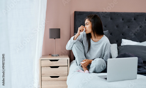Εκτύπωση καμβά Thinking, sick and woman in bedroom, laptop to research symptoms and contemplation for recovery