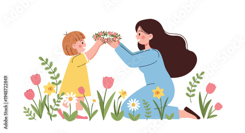 Cartoon illustration of a woman and a little girl exchanging flowers in a garden with colorful tulips and daisies on a white background.