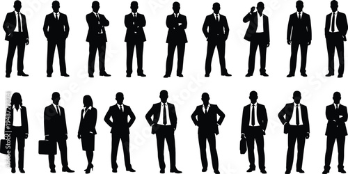 Collection of black silhouette business people in suits standing and posing Keywords: silhouette, business, people, man, woman
