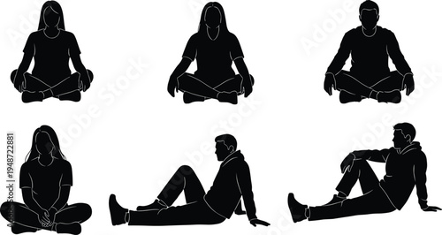Silhouettes of people in various seated yoga and relaxation poses on white background woman sitting
