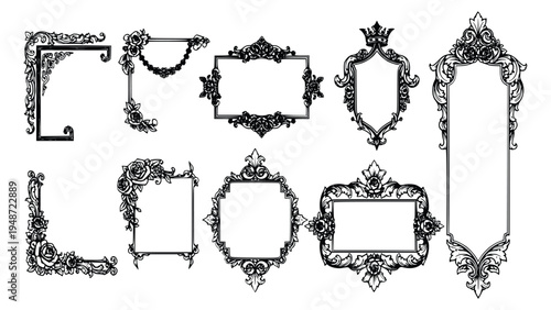 Ornate picture frames with floral designs and empty spaces for photos, showcasing various shapes and sizes of elegant black and white borders.