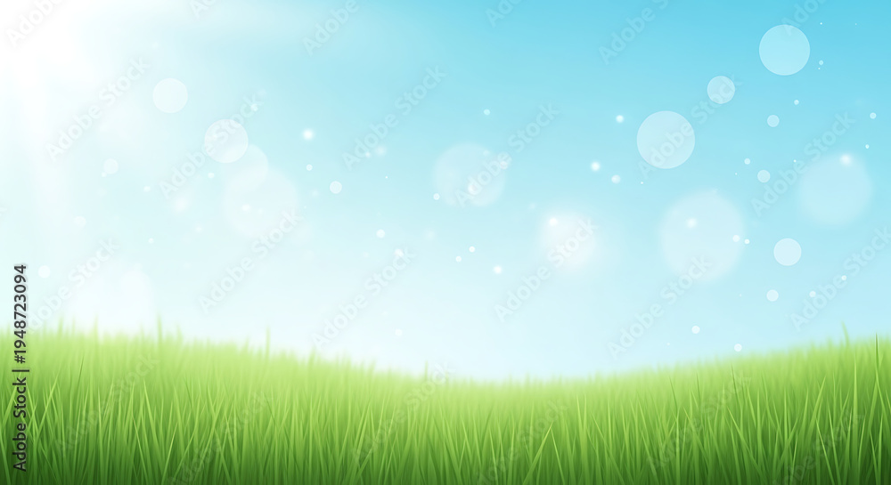 Fototapeta premium A serene landscape of lush green grass under a sunny blue sky with bokeh