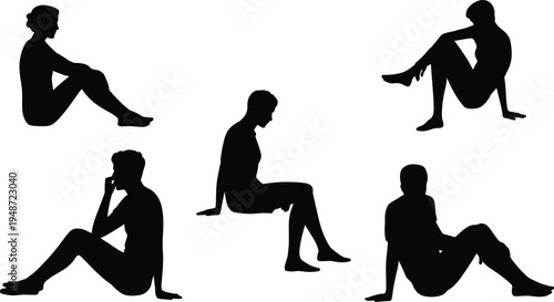Silhouettes of five people sitting in various relaxed poses on a white background vector illustration