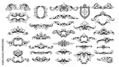Vintage ornamental design elements in black and white for decorative use