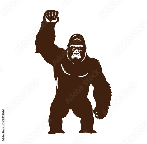 A powerful gorilla standing with one arm raised in a strong stance facing forward
