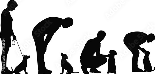 Silhouettes of people interacting with dogs in a sequence of actions interaction