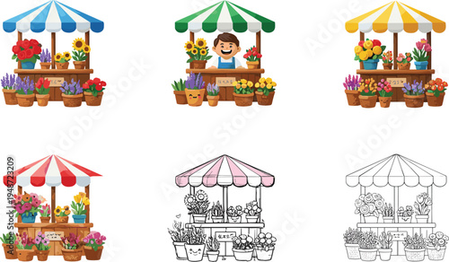 Flower market stall illustration floral shop stand street vendor kiosk plants and flowers garden market vector collection design