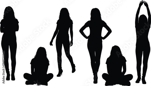 Woman silhouette set standing sitting walking stretching female figure poses people vector illustration isolated female character collection