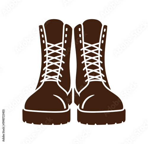 brown combat boots with white laces on white background