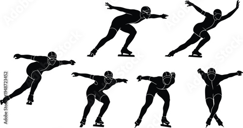 Silhouette illustration of speed skaters in dynamic poses with helmets and skates symbolizing athletics, motion, and winter sports for fitness and design projects