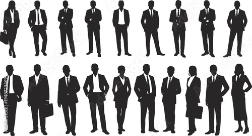 Silhouettes of diverse business people in suits with briefcases and varied poses Keywords: silhouette, business, people, man