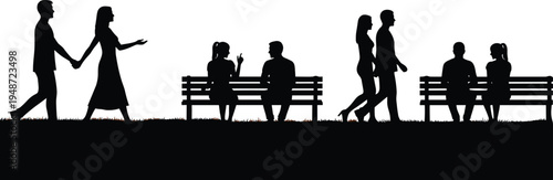 People silhouette illustration showing couples walking, talking on park bench, social interaction and relationship moments in outdoor lifestyle scene