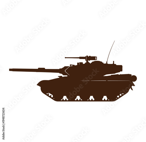 Brown military tank silhouette with long barrel and antenna on white background