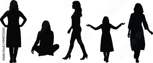 Woman silhouette pose set including standing, sitting, walking and expressive female gestures isolated for lifestyle, fashion and body language illustration