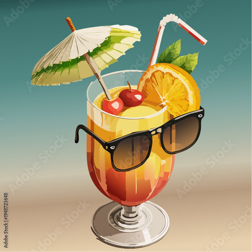Refreshing tropical cocktail with sunglasses and umbrella.