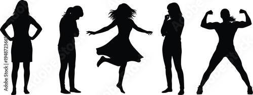 Woman silhouette pose set including standing, dancing, thinking and strong female power gesture isolated for lifestyle and body language illustration