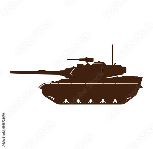 Brown military tank silhouette with long barrel and antenna on white background
