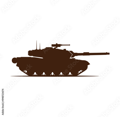 Brown military tank silhouette with long barrel and treads on ground